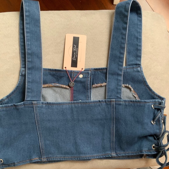 NWT Denim Crop top with adjustable drawstring in size L - Picture 8 of 16